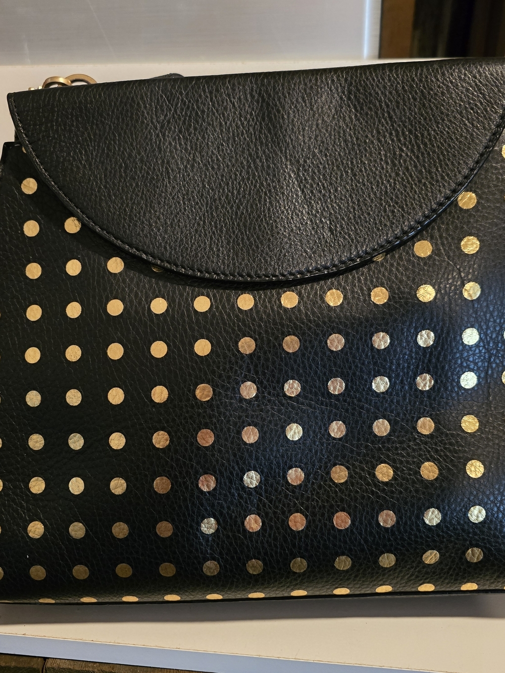 Black Faux Leather Polka Dot Shoulder Bag - Gold Accent